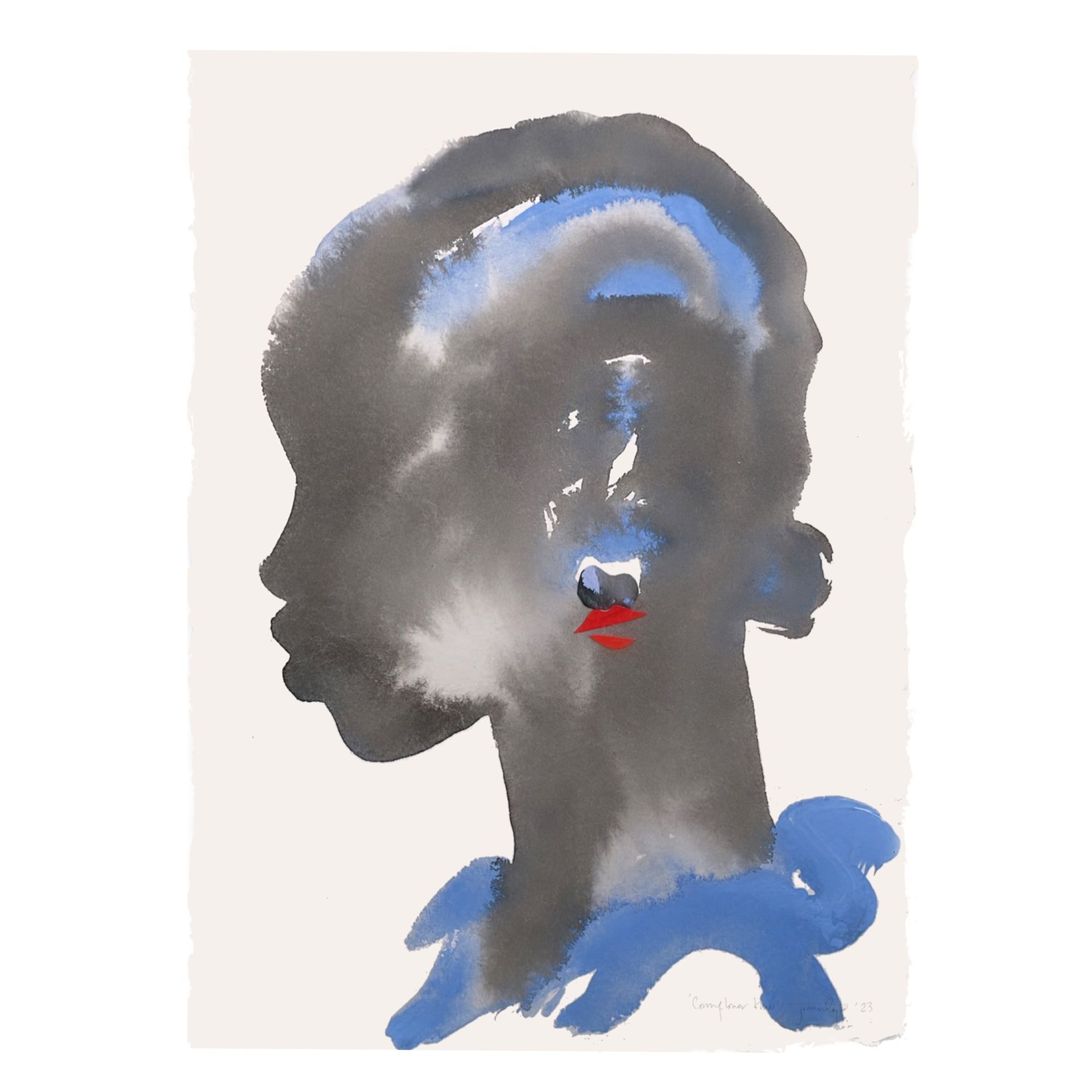 Silhouette of a person in shades of gray, blue, and red against a white background.