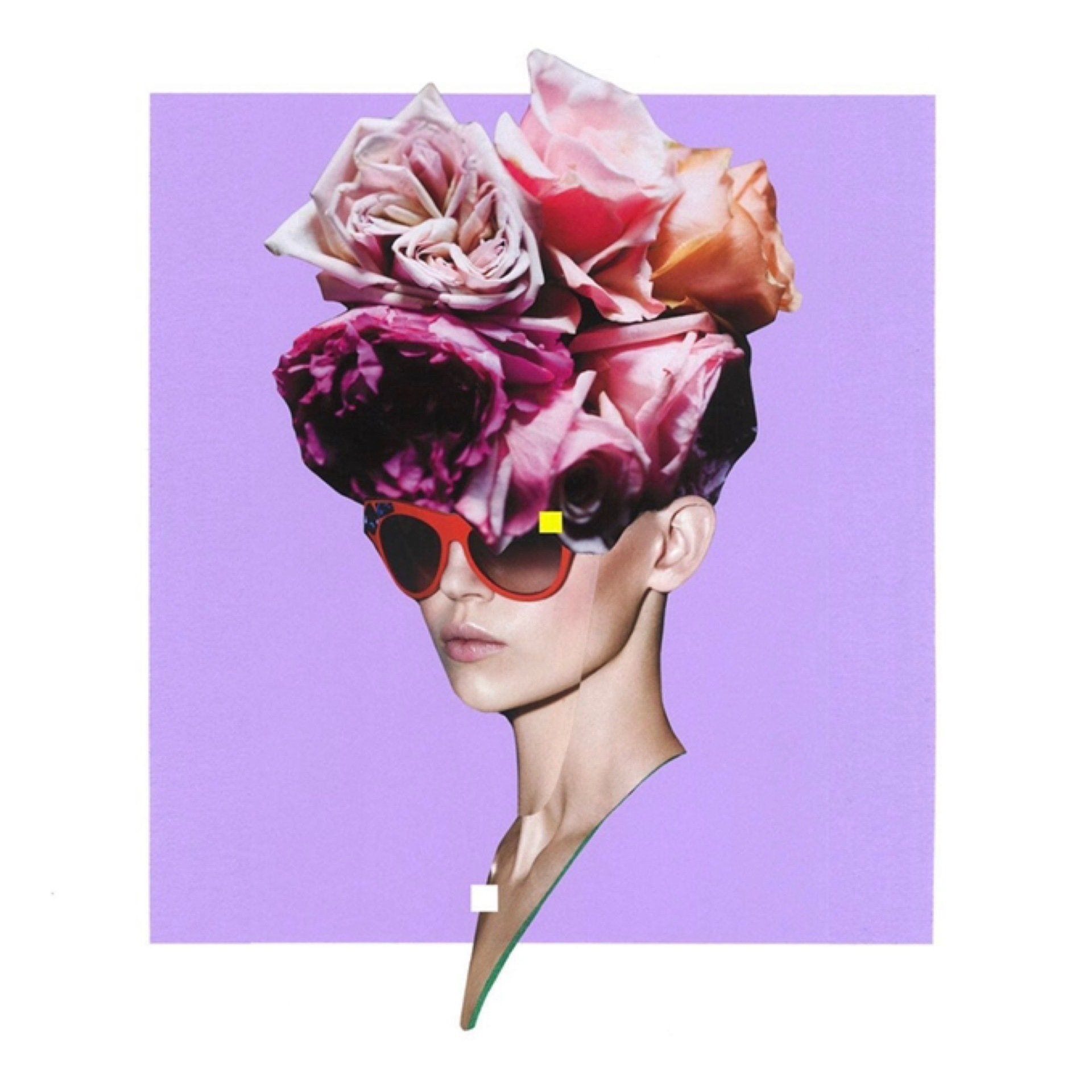 Woman with rose headpiece, wearing sunglasses, set against lavender background.
