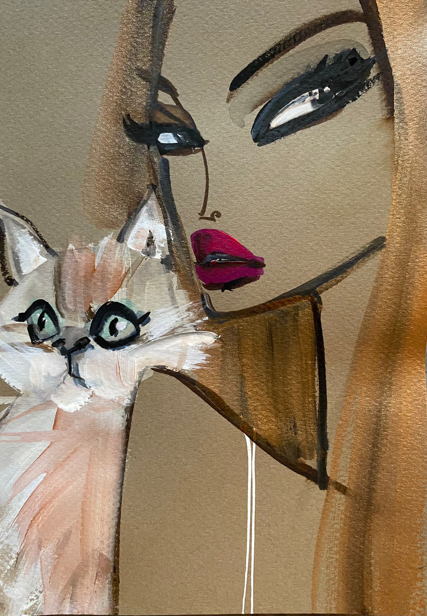 Woman with red lips and large eyes gazes at a peach and white cat. Both are set against a gold background.