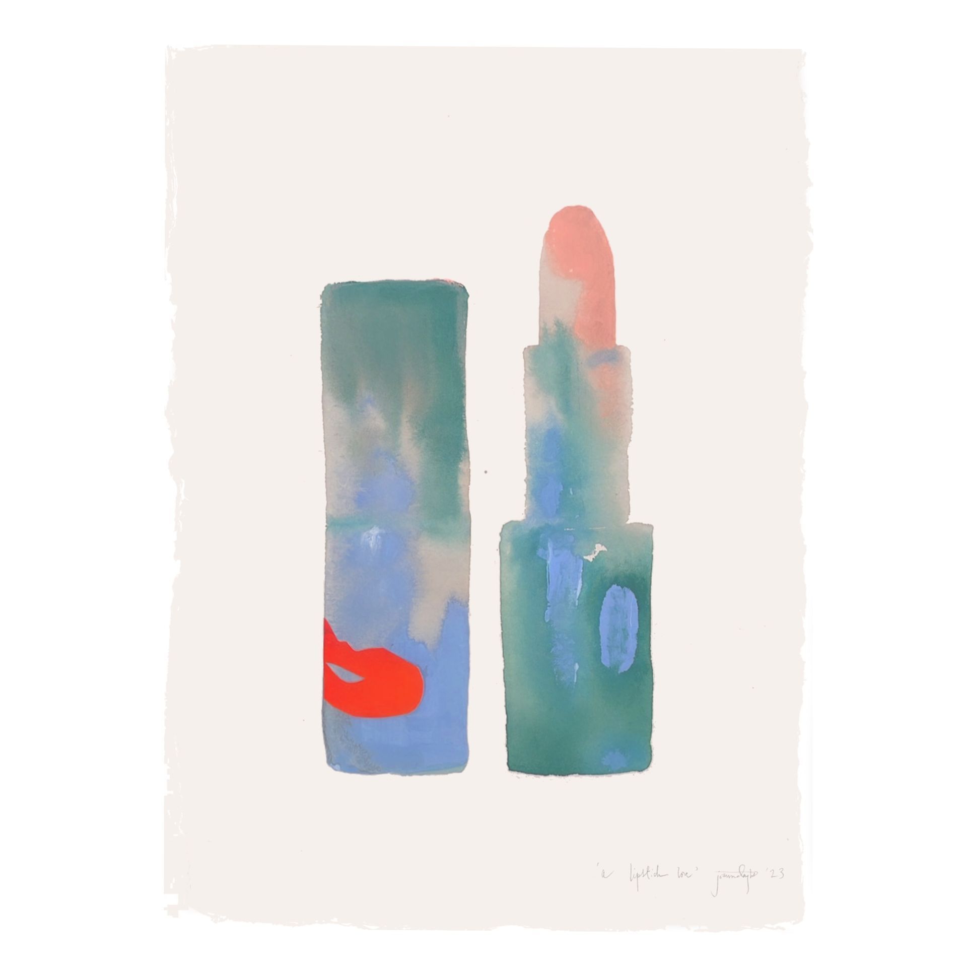 Lipstick in a teal tube with a red lip graphic on the side, displayed on a cream background.