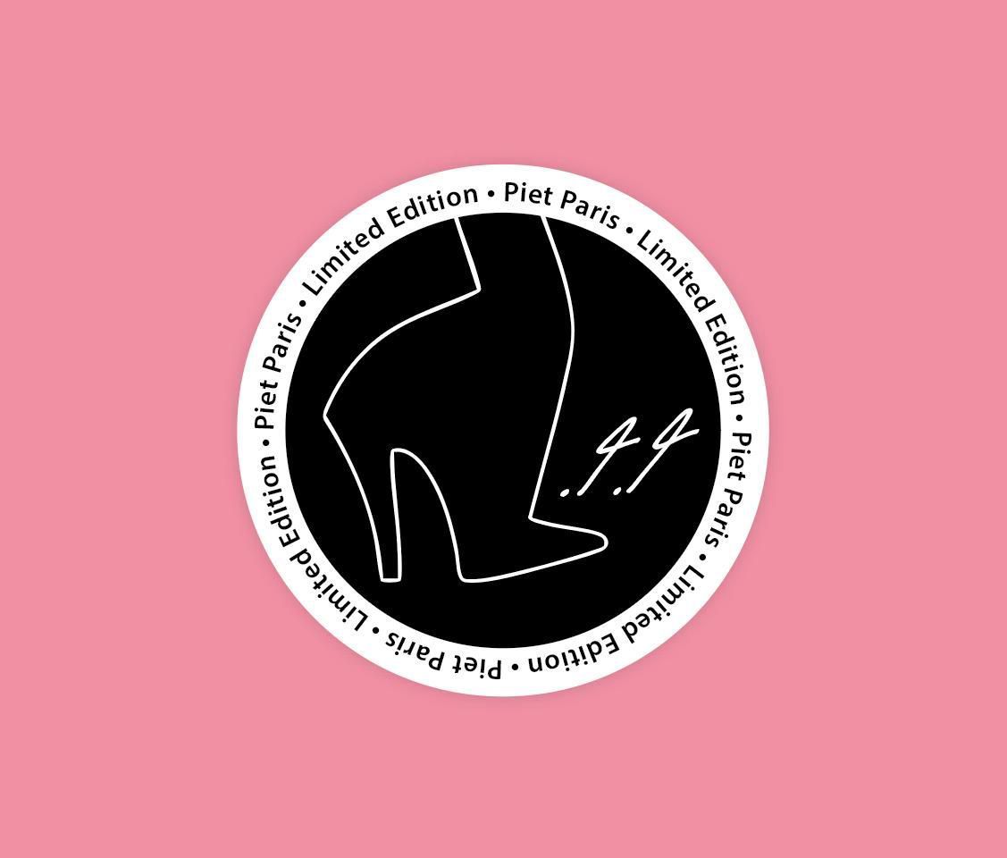 Black and white logo of a high-heeled shoe on pink background with text