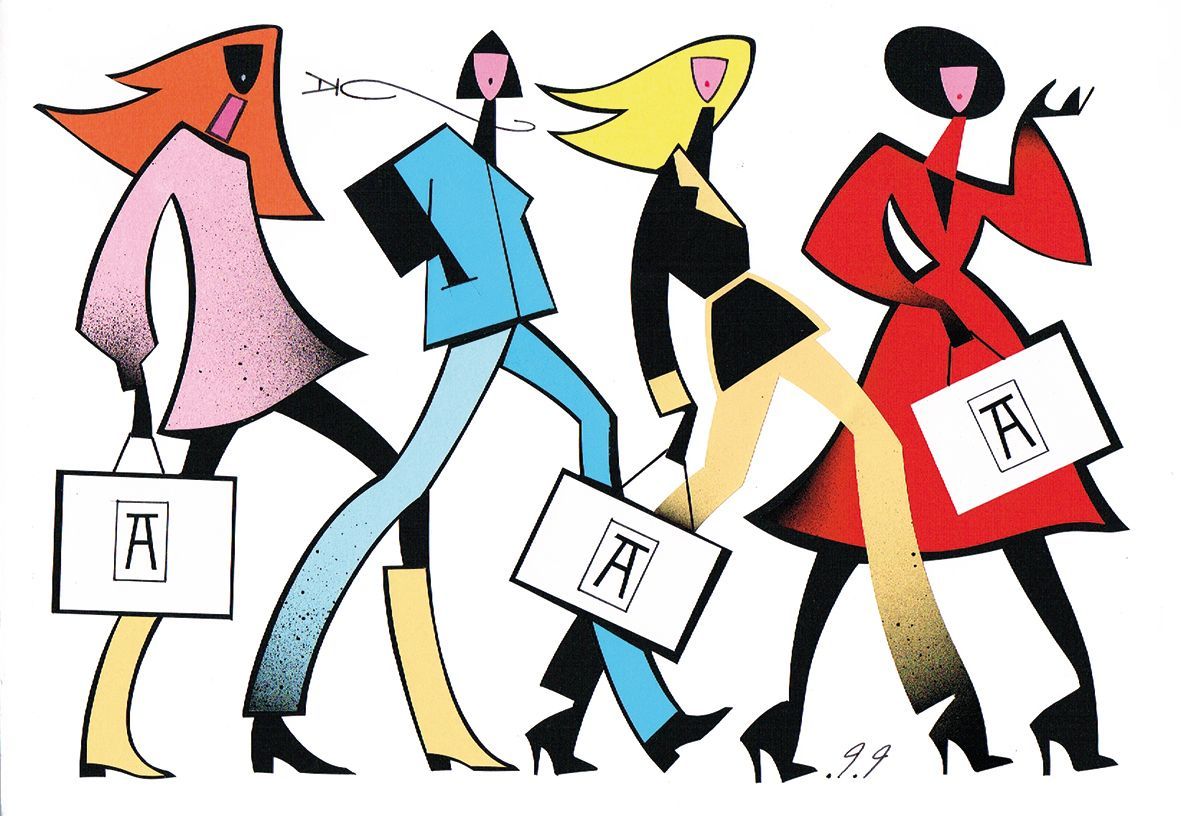 Four women walking with shopping bags, stylized illustration; each in a different color.