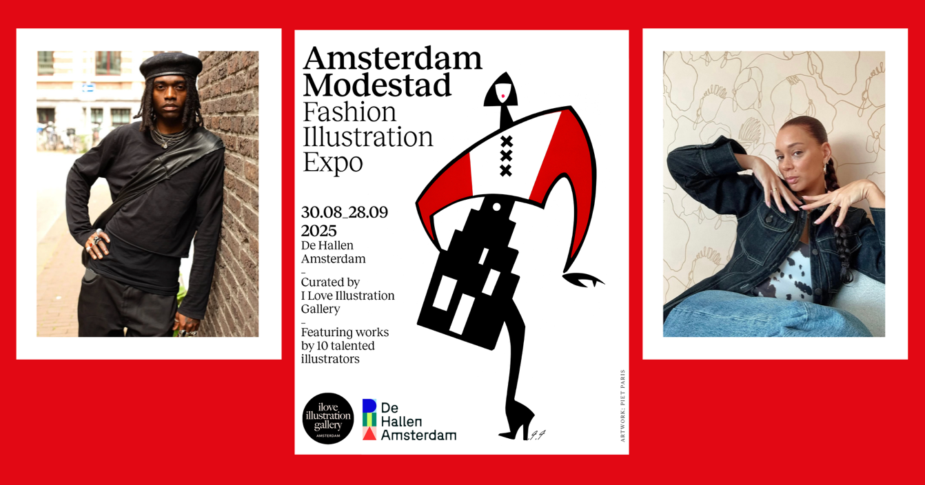Fashion expo promotion with two people and a stylized figure. Red, white and black colors.