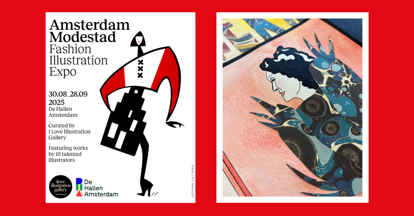 Two images on red: Left, expo poster with stylized figure. Right, artwork of person.