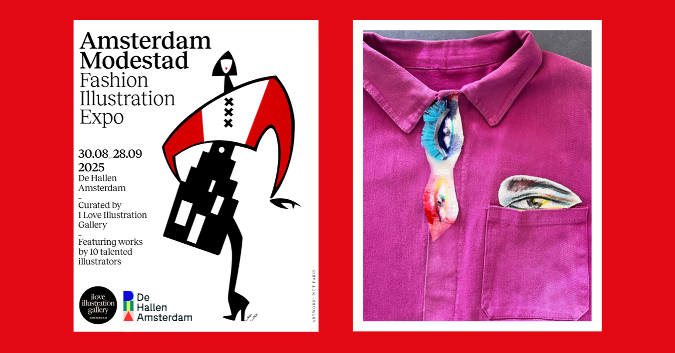 Left: Amsterdam Modestad Fashion Illustration Expo poster. Right: pink shirt with colorful adornment.