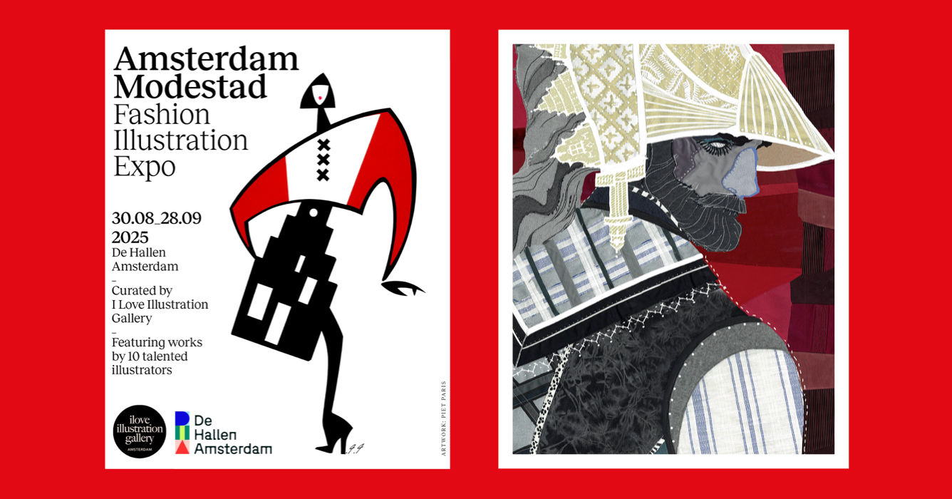Two fashion illustration posters; one with geometric figure, red and black. The other, a figure with a textured hat, red backdrop.