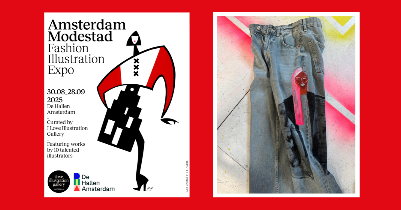 Poster and jeans with illustration: Amsterdam Modestad Fashion Illustration show; graffiti art on denim.