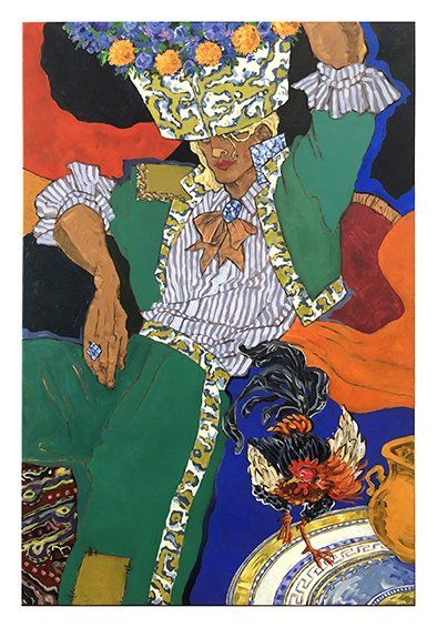 Person in green coat, holding flowers, with rooster and vase on table; colorful background.