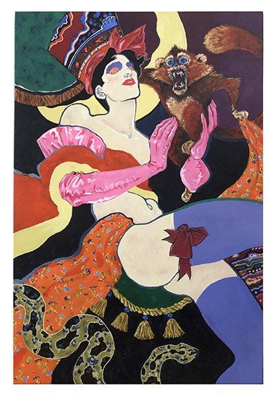 Woman in elaborate costume with monkey, snake, vibrant colors.