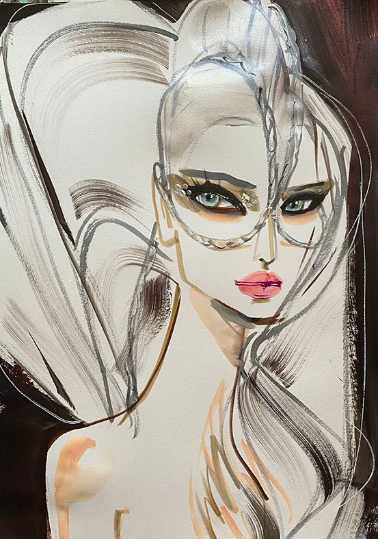 Fashion illustration of a woman with a metallic mask, smoky eye makeup, and pink lips.