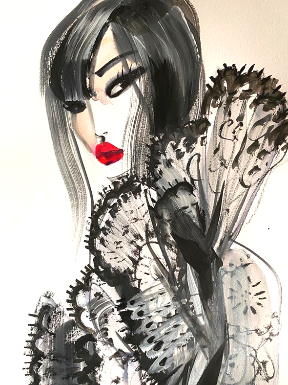 Woman in black lace attire with bright red lips and black hair.