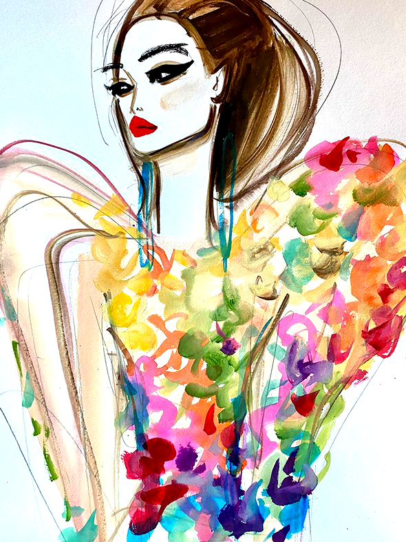 Fashion illustration of a woman in a colorful, floral-like dress; red lipstick, dark hair, and outlined eyes.