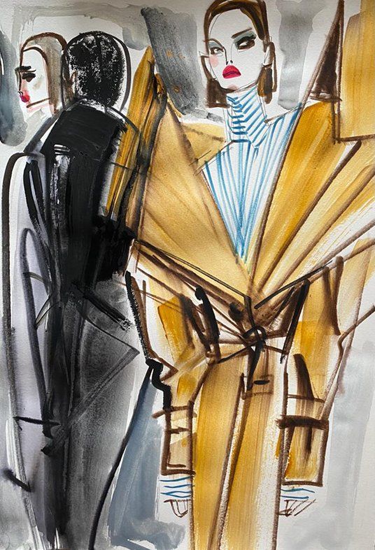 Fashion illustration: Woman in golden structured coat, blue striped shirt, and red lipstick. Other figures in background.