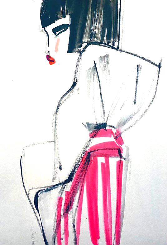 Woman in a minimalist style, wearing a pink striped garment with red lipstick, black hair.