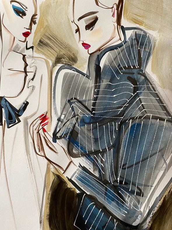 Two fashion illustrations: woman in striped suit looks down, woman in white coat looks forward.