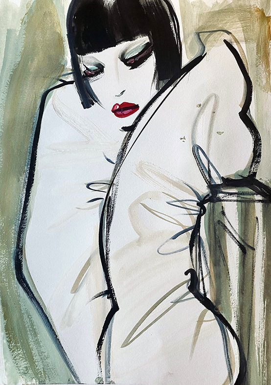 Woman with dark bob, red lips, partially nude, arms wrapped around herself. Painted with brush strokes, light and dark tones.