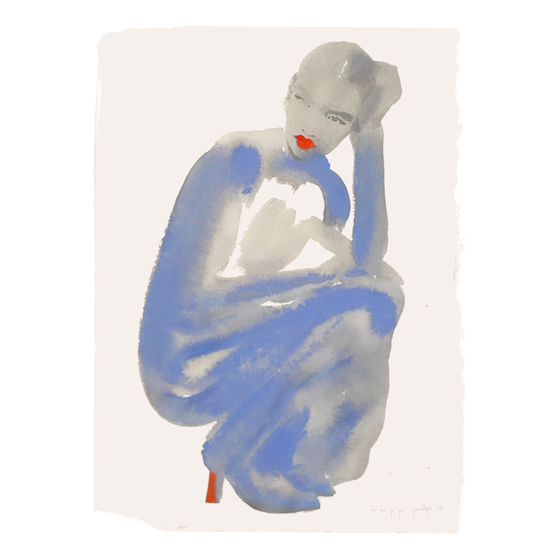 Woman in blue dress, hand on head, seated. Red heels and lips. Watercolor style.