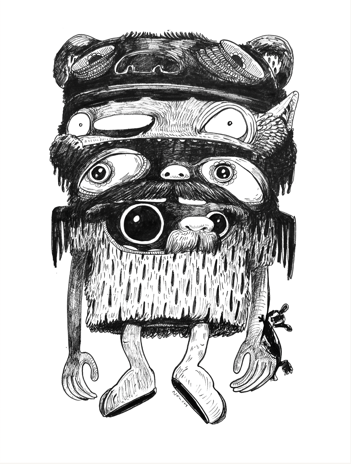 A creature with multiple eyes, beard, and hat, holding a camera, with small legs and a bird on its arm.