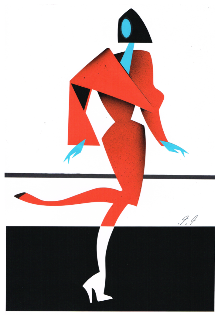 Stylized figure in red outfit, walking on a black and white surface. Blue skin, angular design.