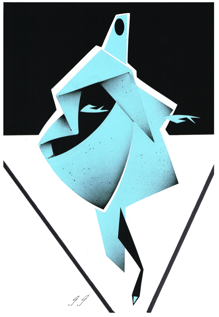Geometric figure in light blue, seemingly dancing, set against black and white background.