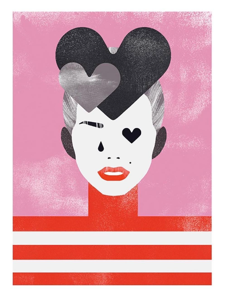 Person with heart-shaped headwear, heart eye, tear, and red striped shirt, against a pink textured background.