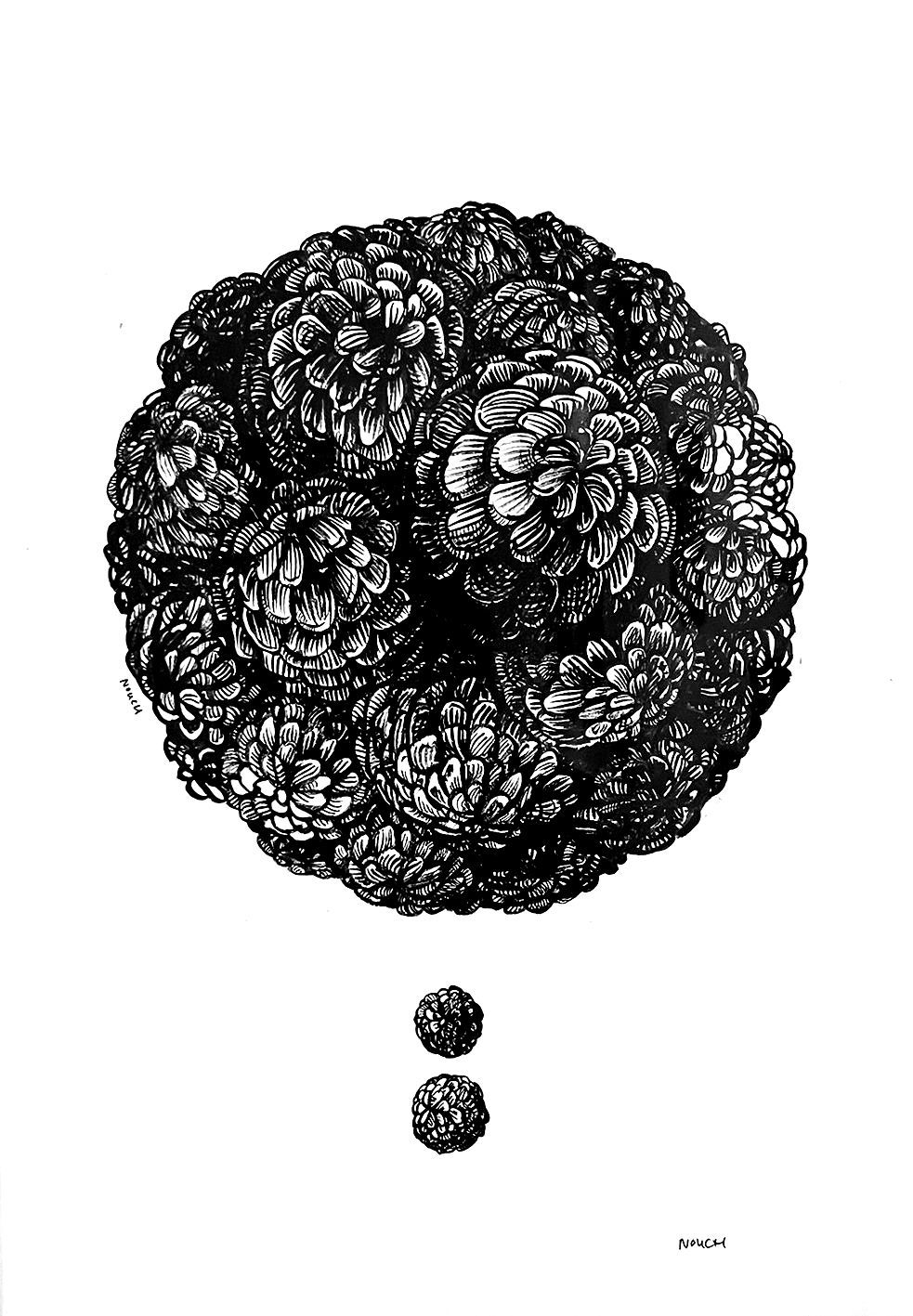 Sphere-shaped structure composed of small, dense spheres, with two smaller spheres below it.