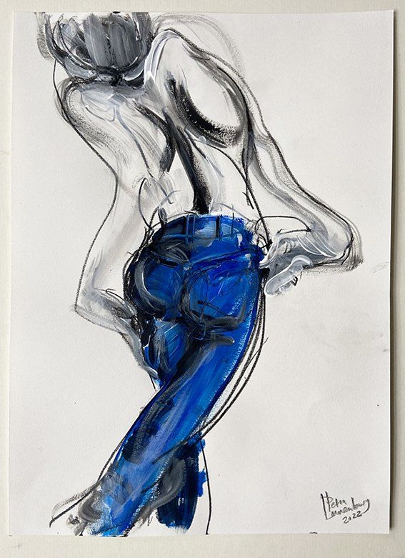 Painting of a person in blue jeans, bending. Upper body is sketched in white and gray, set against a white backdrop.