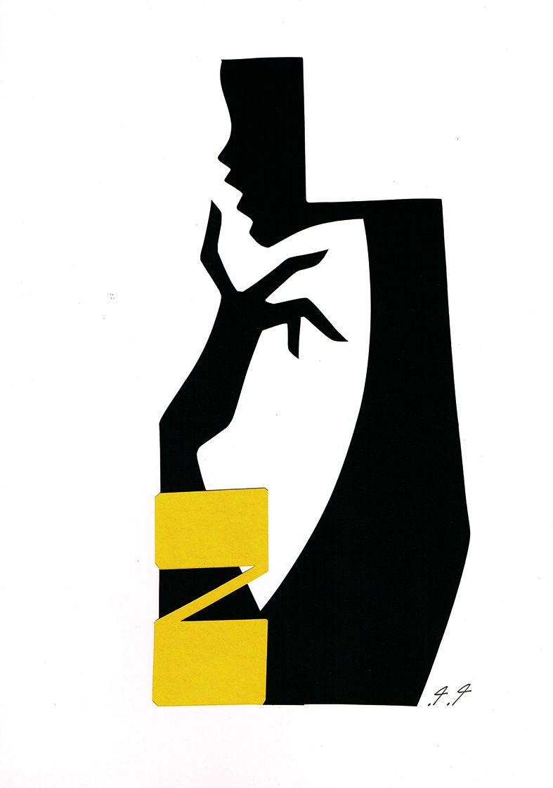Black and yellow abstract silhouette of a person, head and arm raised, hand to face, wearing yellow bands.