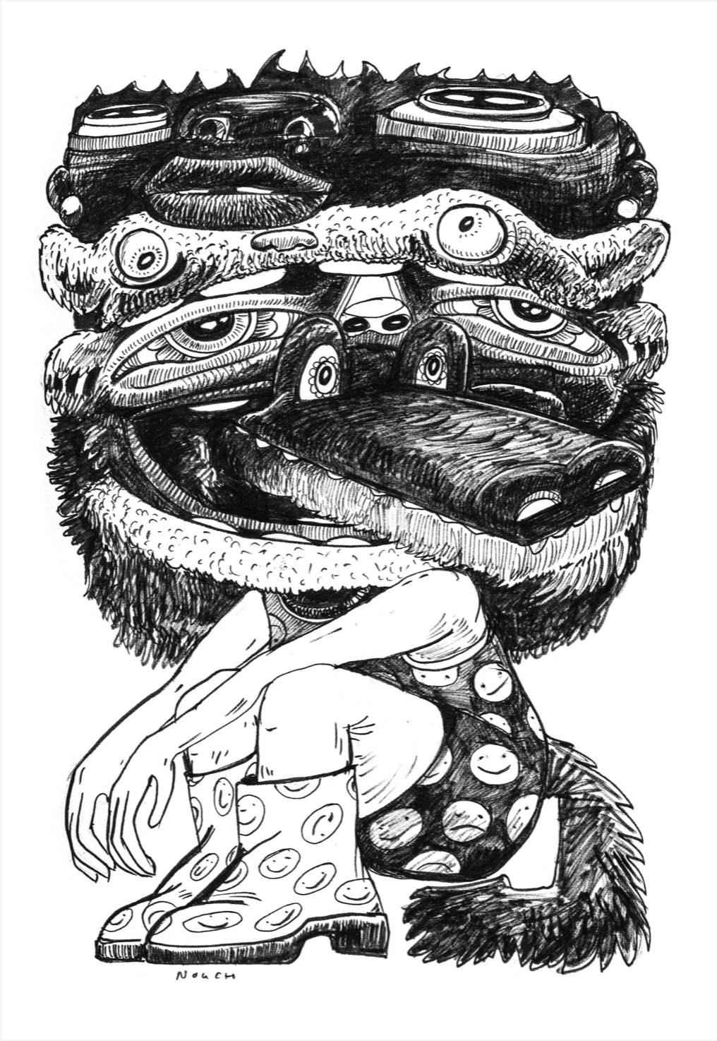 A surreal, layered pen and ink drawing of a creature with multiple eyes and a seated posture wearing boots.