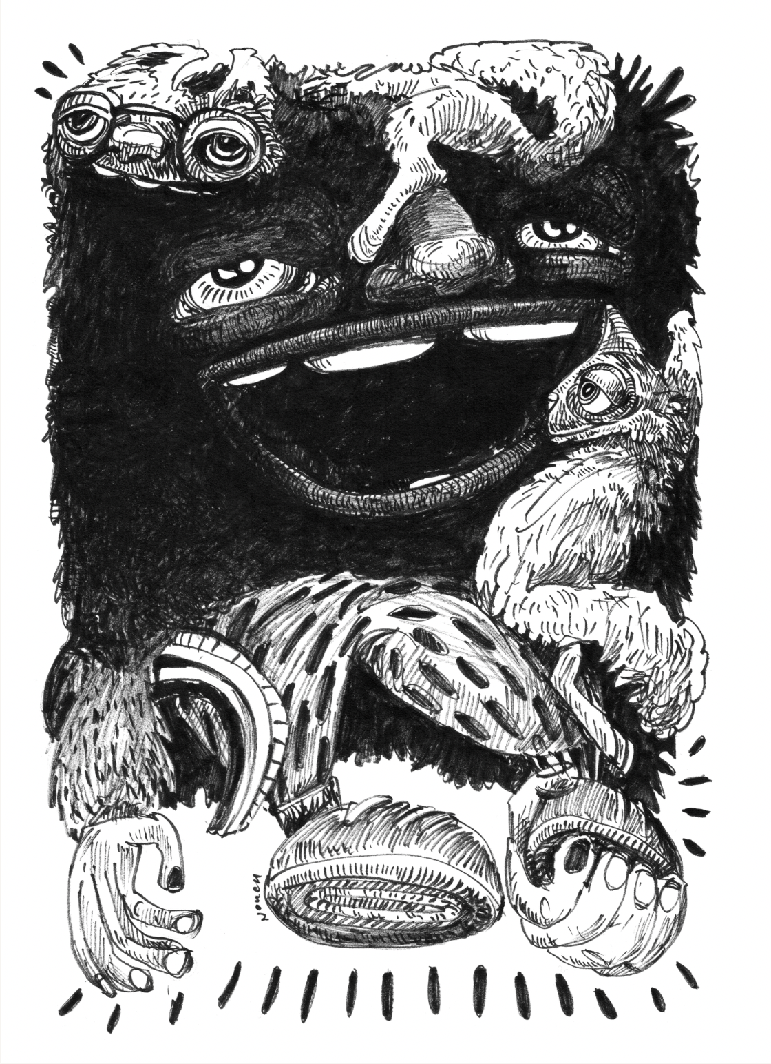Black and white cartoon monster with large mouth, eyes, and limbs. It appears friendly and open.