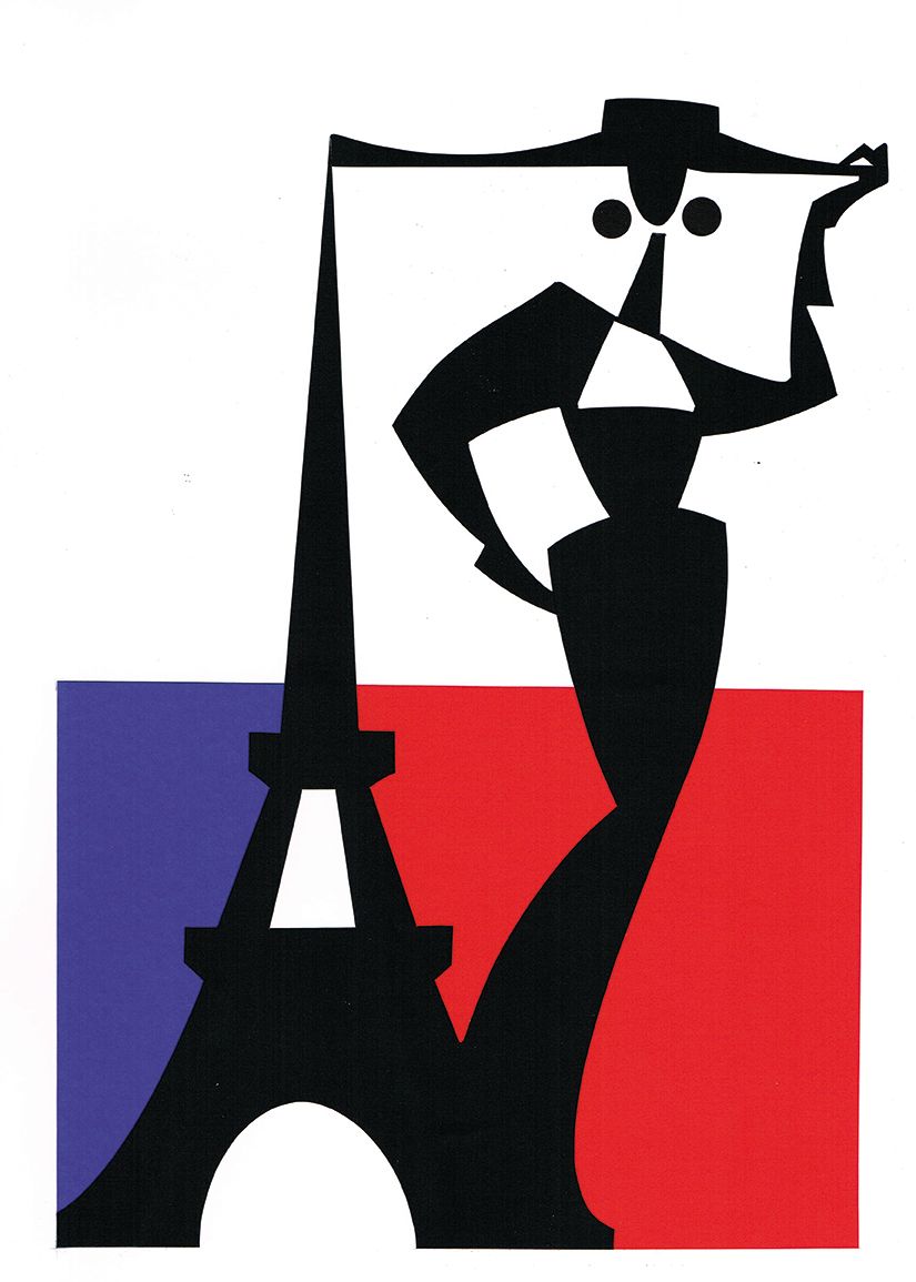 Eiffel Tower silhouette with stylized person, in front of a blue/white/red French flag background.