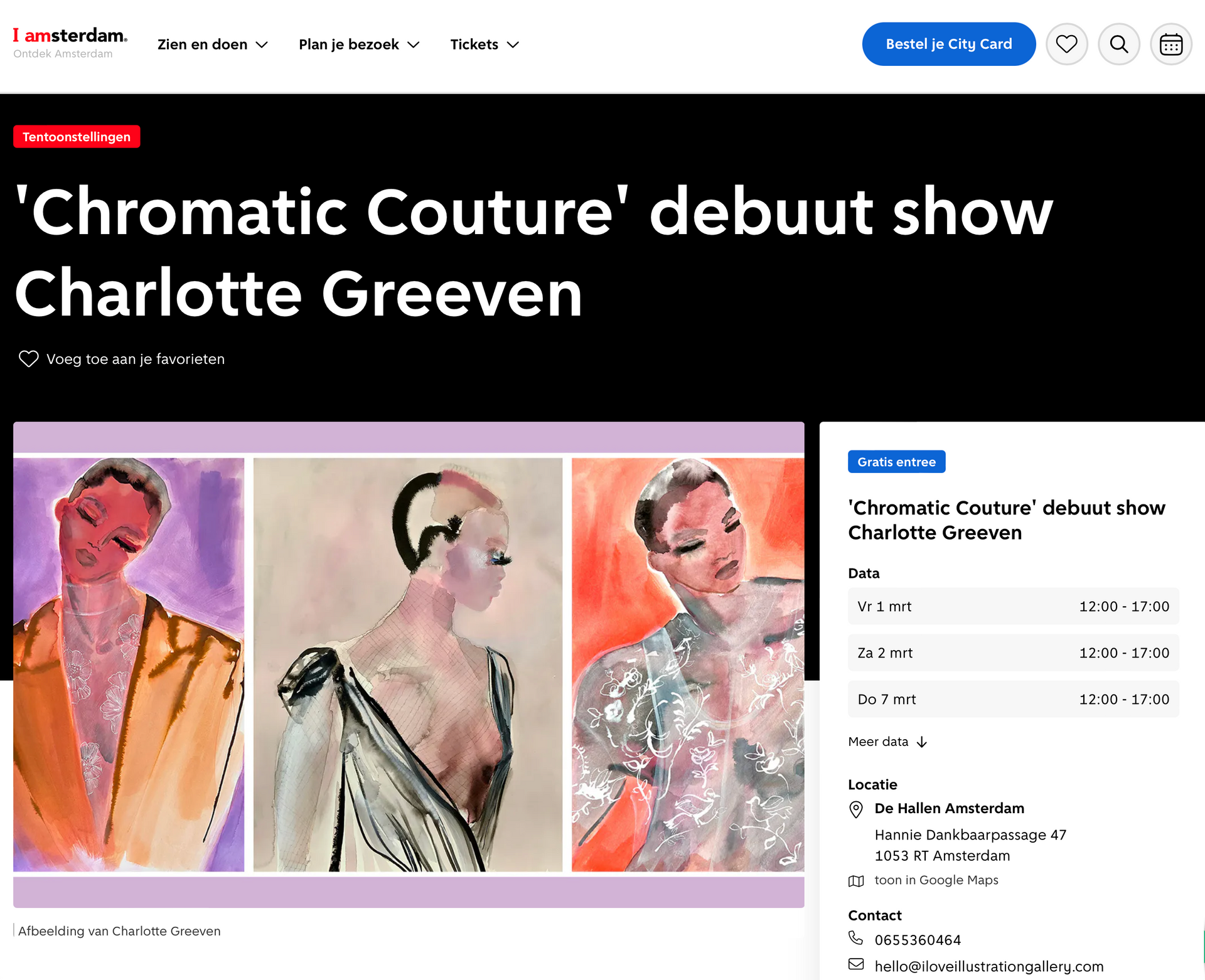 'Chromatic Couture' debut show at ILI Gallery Amsterdam, three illustrations of fashion designs in soft colors.
