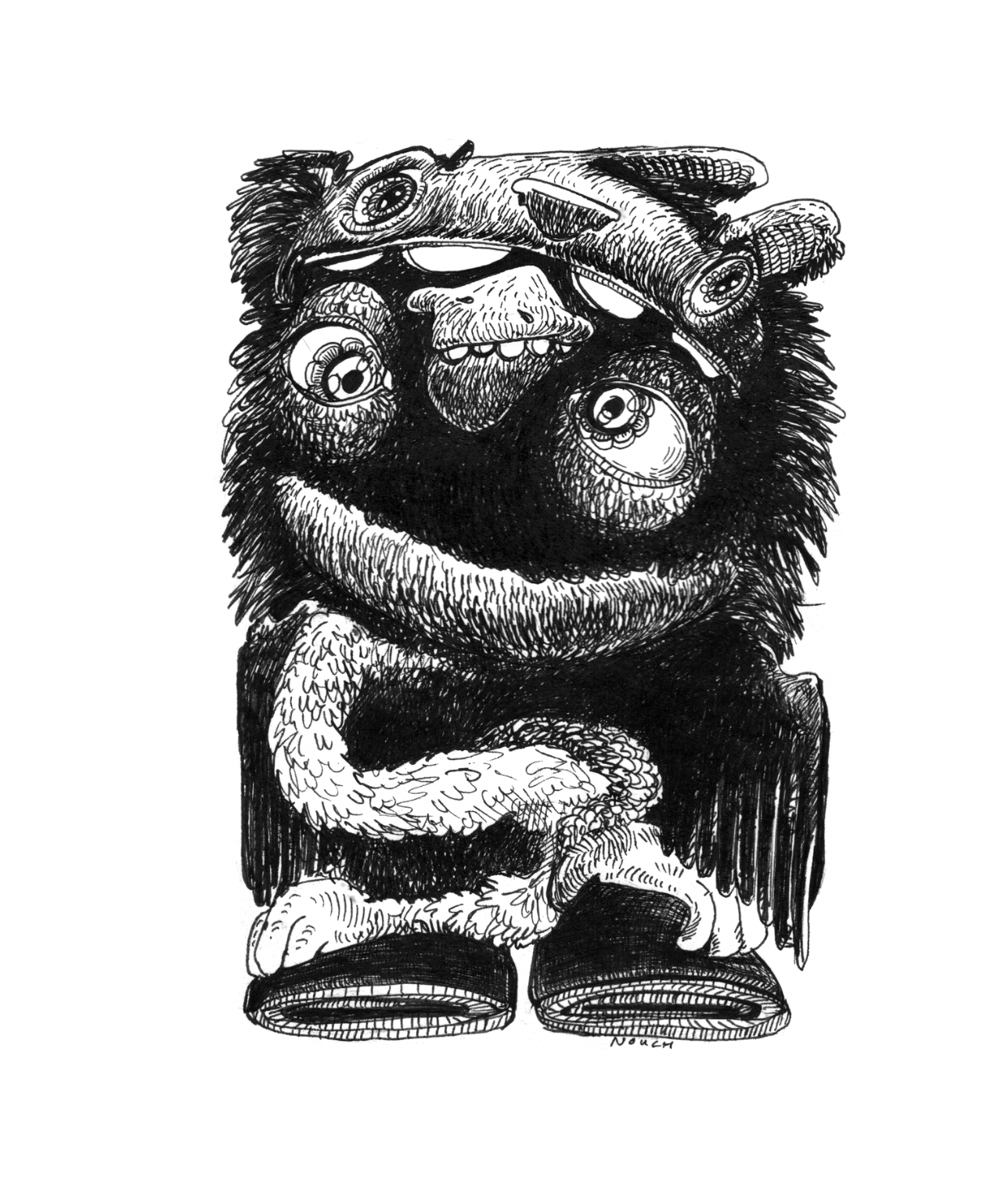 Abstract creature with large eyes and a furry body, embracing itself.