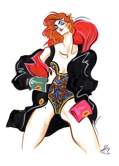 Fashion illustration: Woman in a patterned bodysuit and black coat with red lining and accessories.