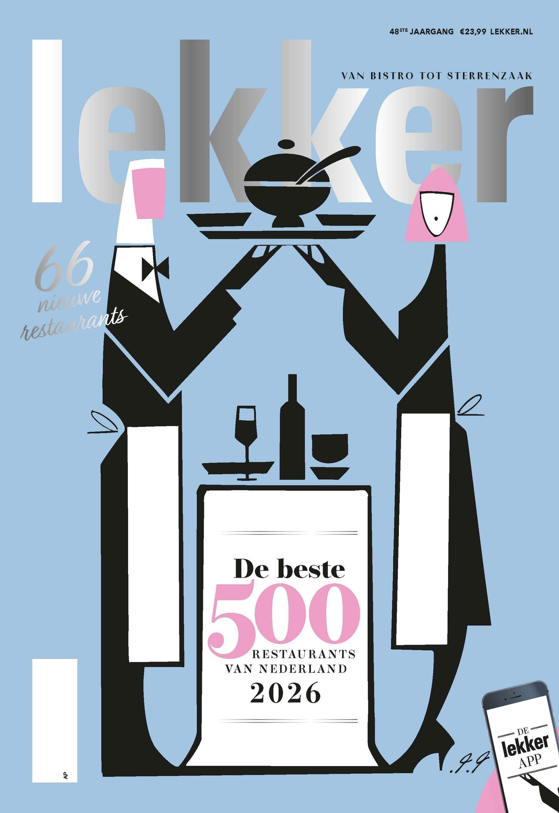 Magazine cover with waiters holding a tray of food, a table set below, and a title that reads