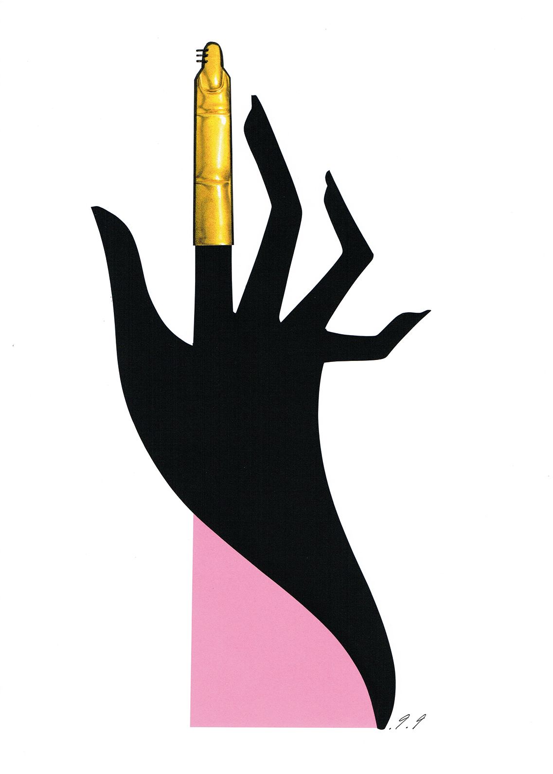 Black hand holding a gold pen, set against a pink backdrop.