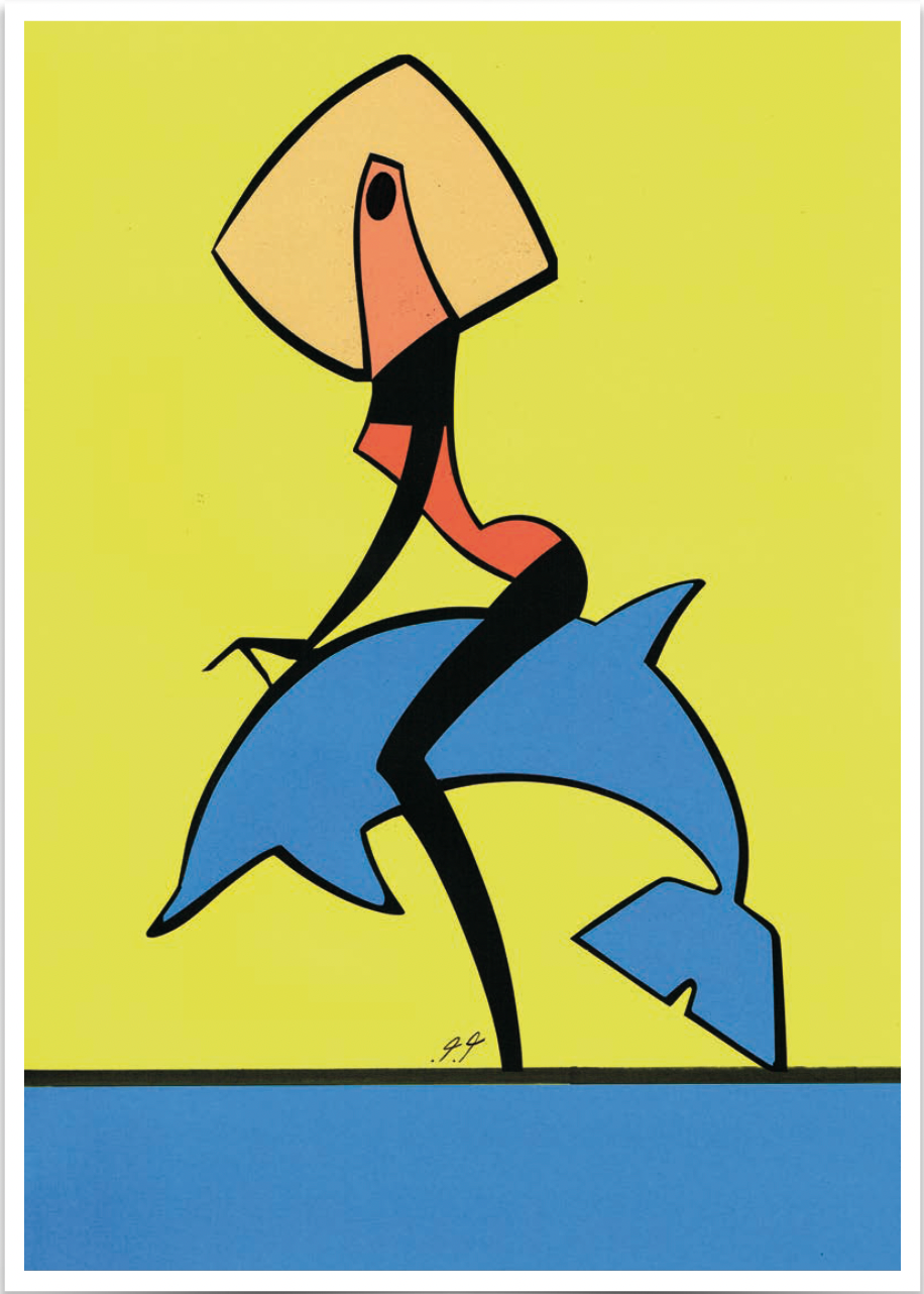Woman with a square-cut blonde hairstyle rides a blue dolphin. Yellow background, blue water line.