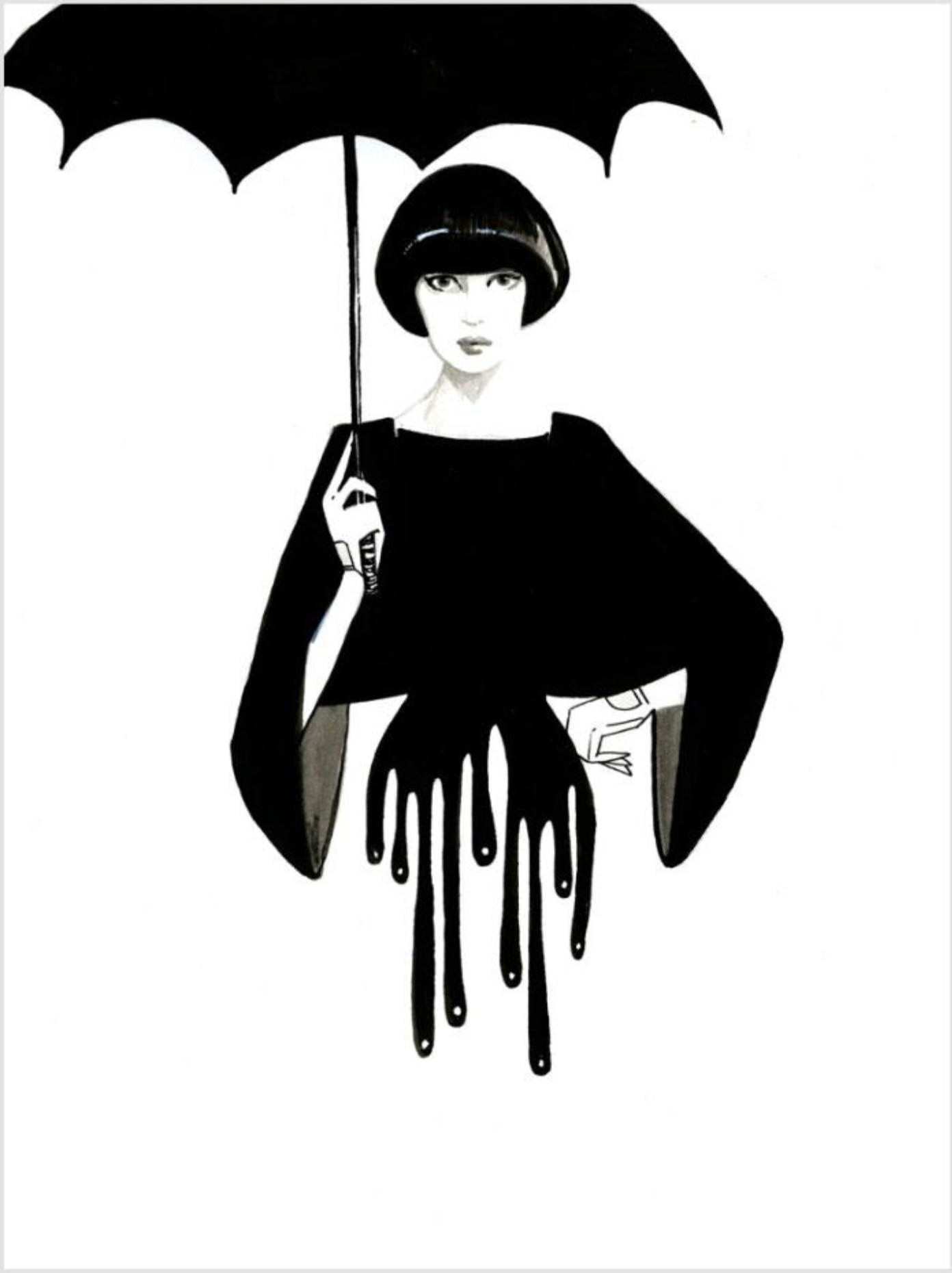 Woman in black dress and hat holds a black umbrella, with dripping ink at her waist.