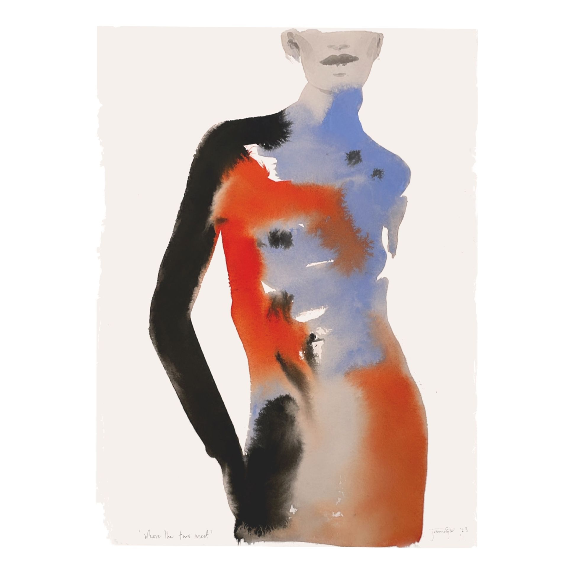 Watercolor figure, torso and arm in shades of red, blue, and black against a white background.