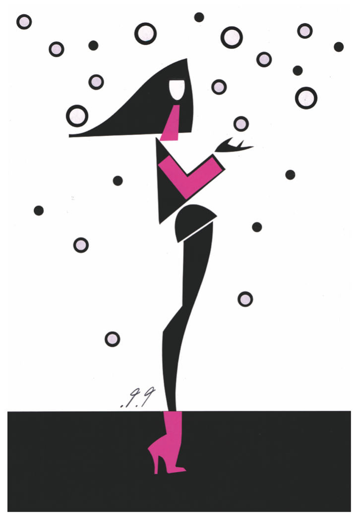 Woman in a geometric design, pink and black clothing, reaching out to circles, standing on a dark platform.