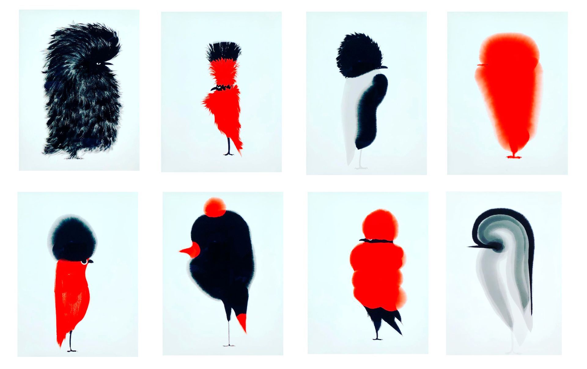 Eight abstract figures, in black, white, and red, on white backgrounds.