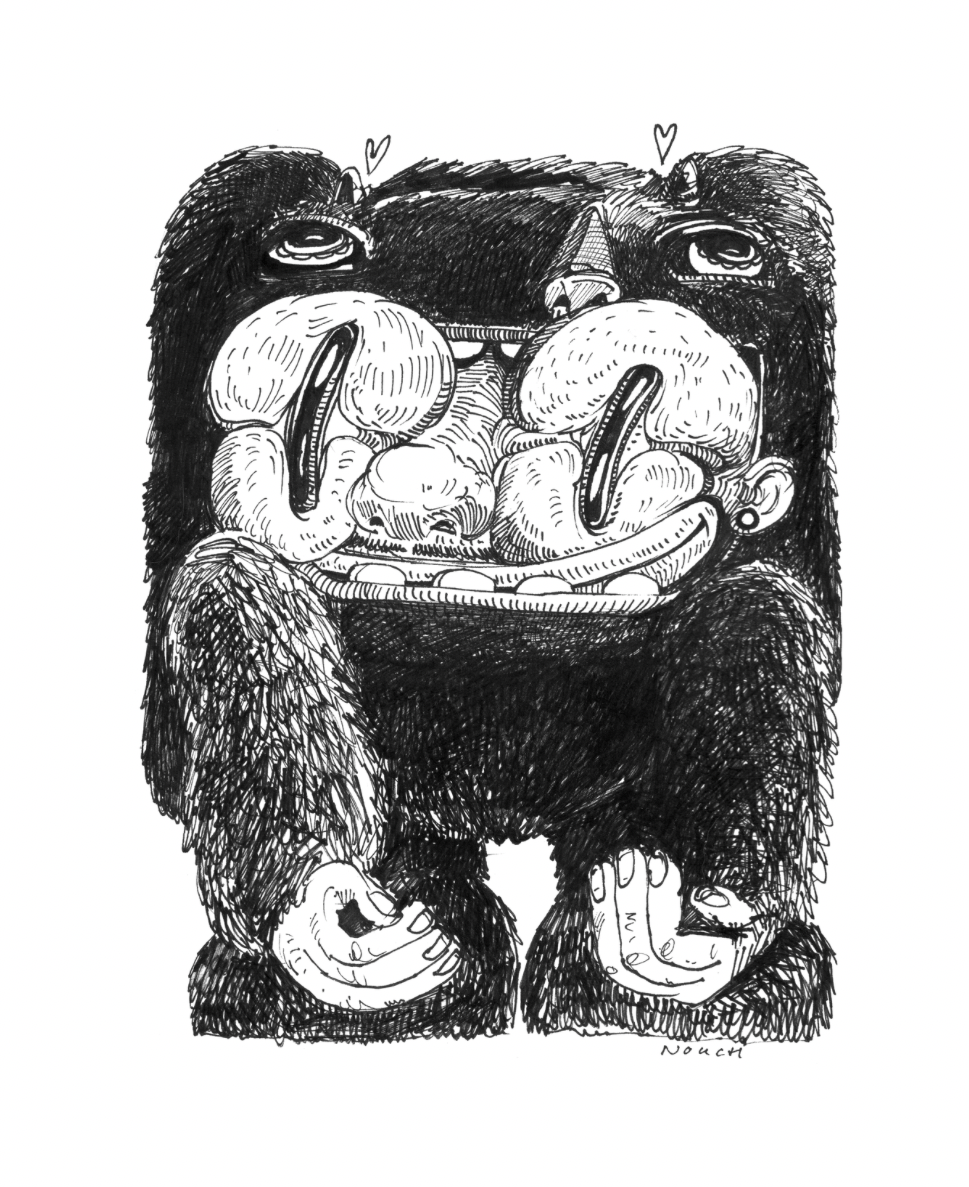 Two fuzzy figures hold a platter, looking upwards with surprised expressions.