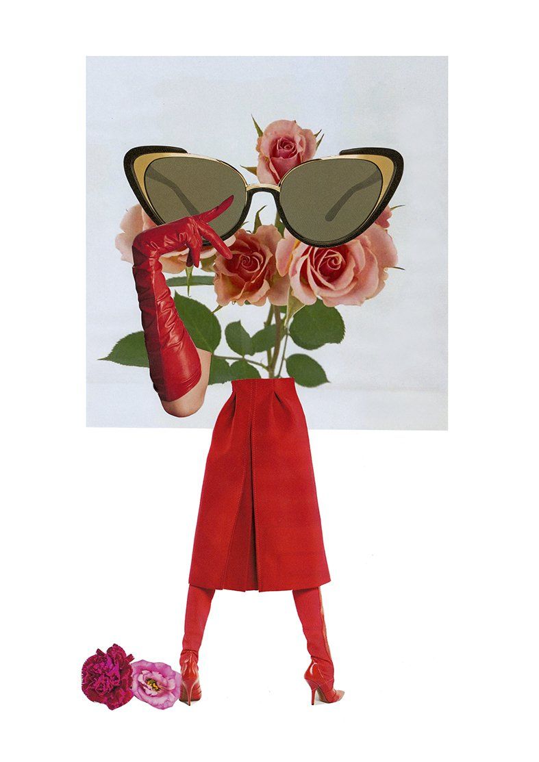 Red skirt and boots with sunglasses atop flowers and a red-gloved hand.