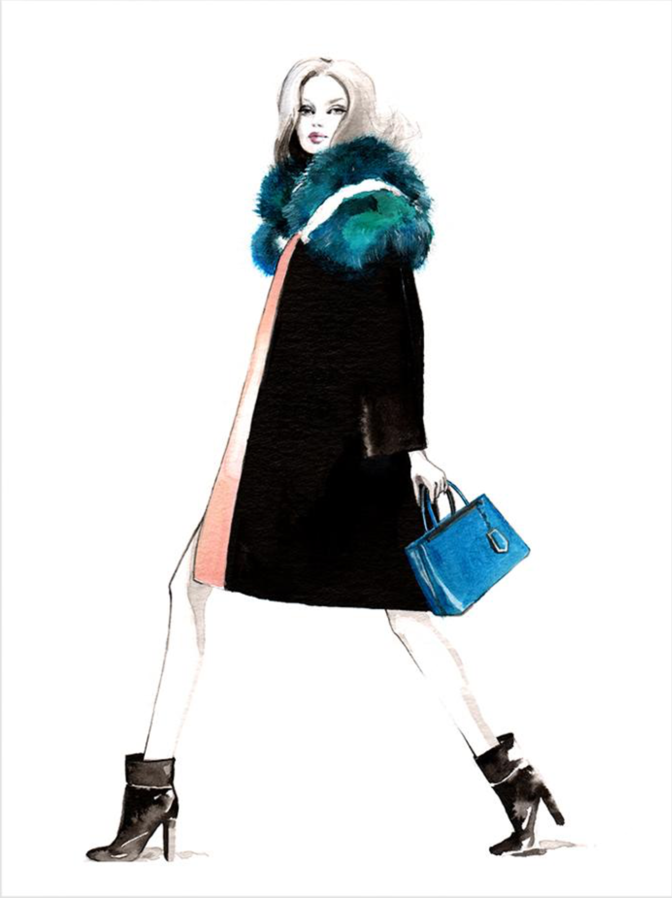 Woman in black coat with teal fur collar, carrying blue handbag, walking.