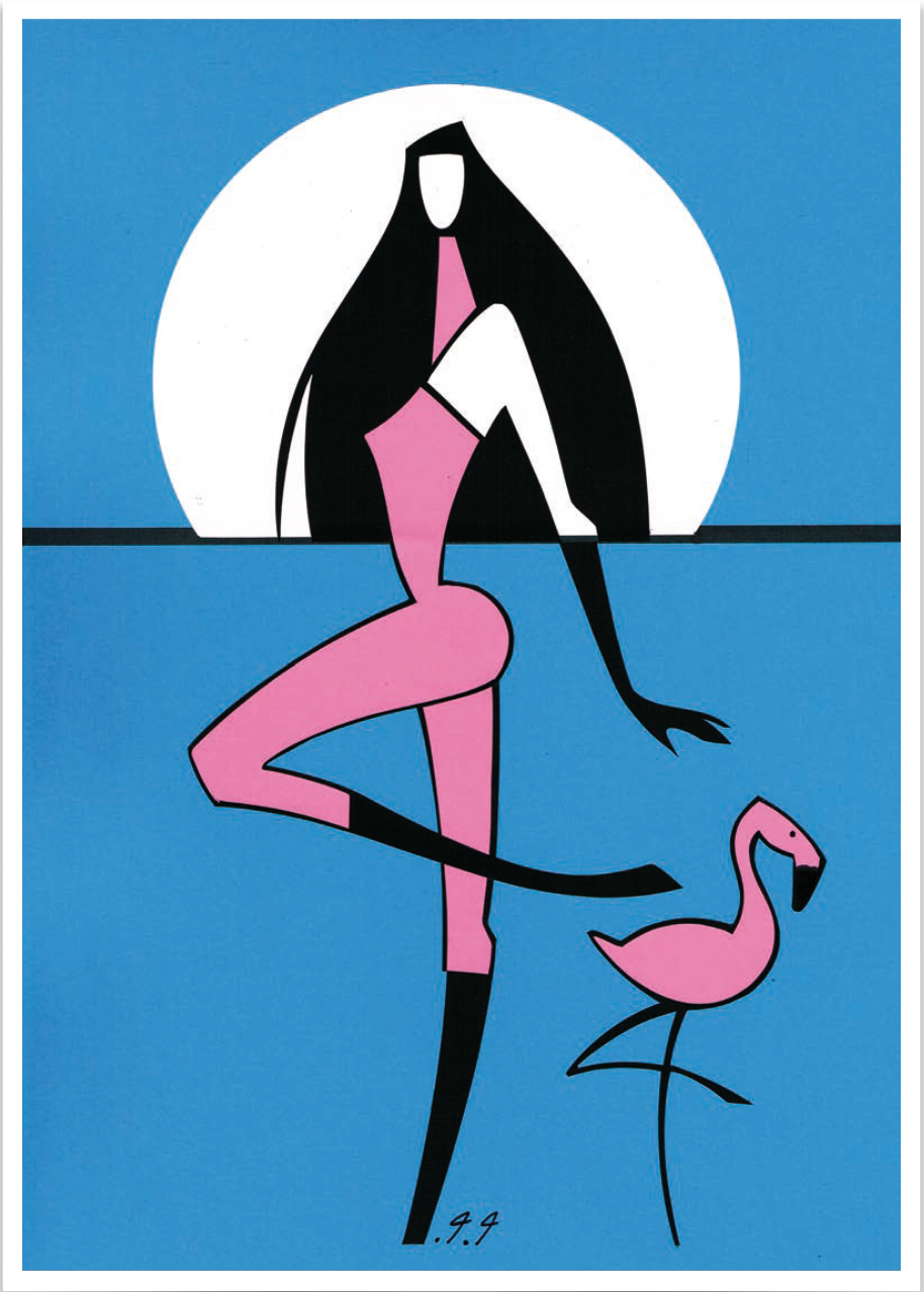 Woman in pink jumpsuit balances near a pink flamingo; white sun in a blue setting.