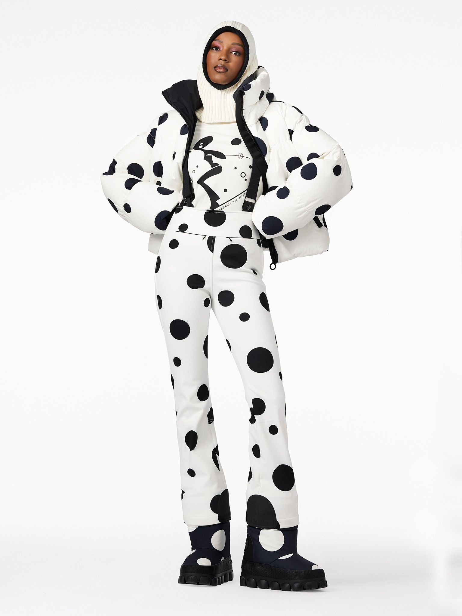Person in white polka dot ski suit, jacket, pants, and helmet with black boots. Hands on hips.