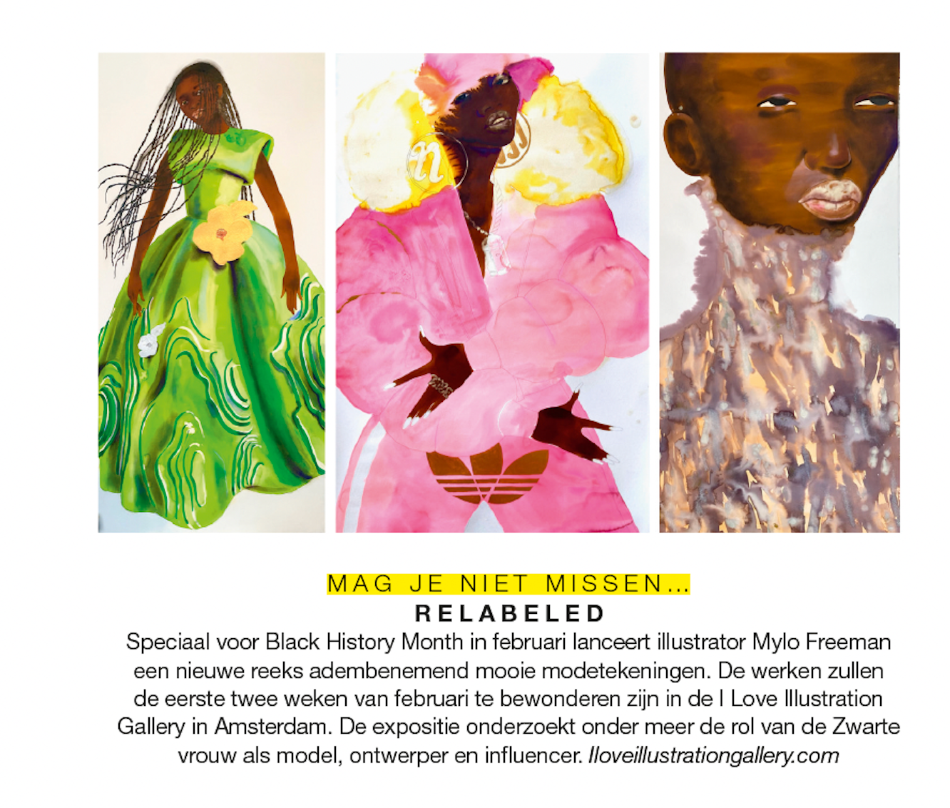 Three fashion illustrations of Black figures, text 