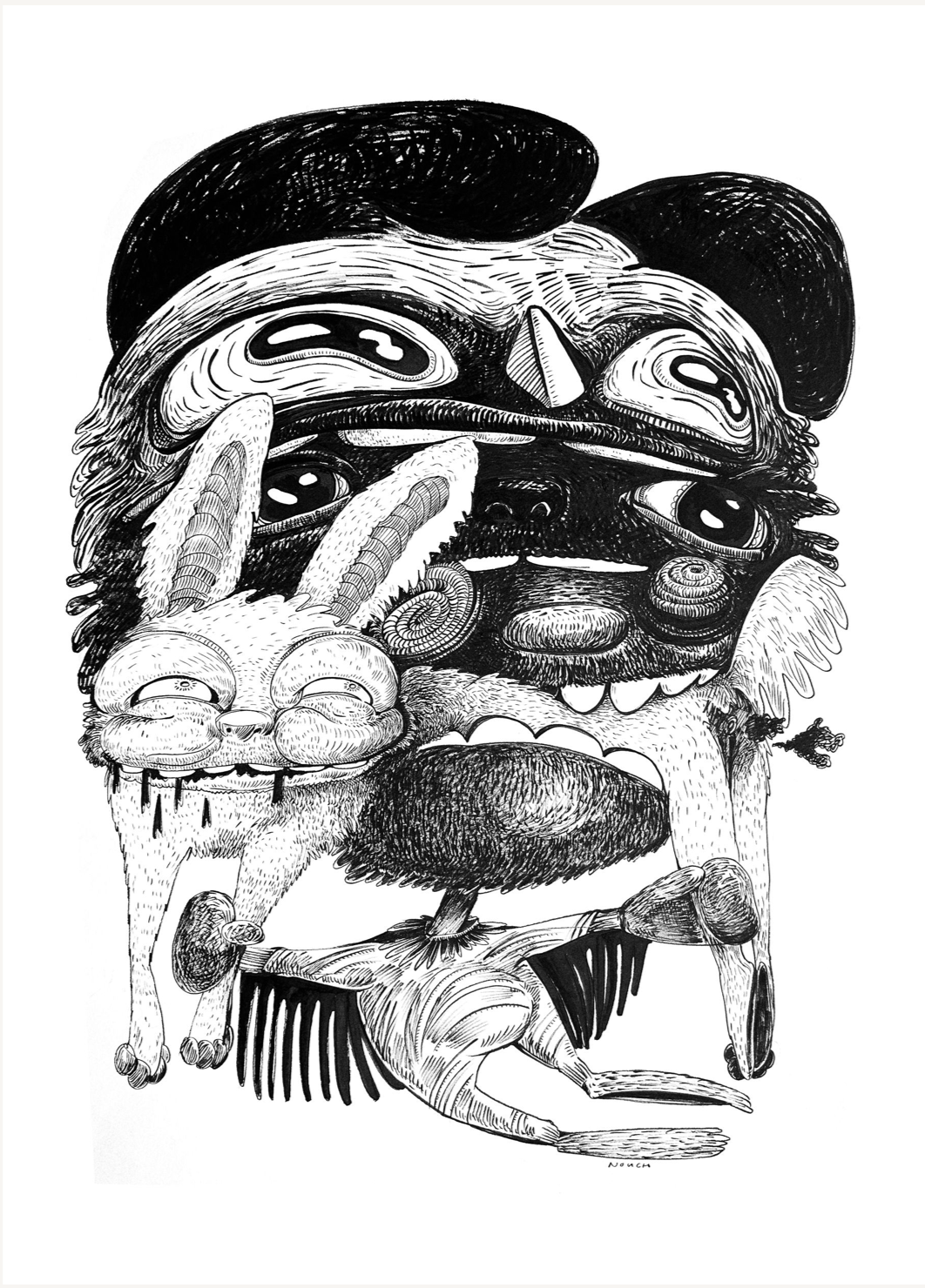 Abstract, distorted black and white face with many eyes and teeth, thick black hair.