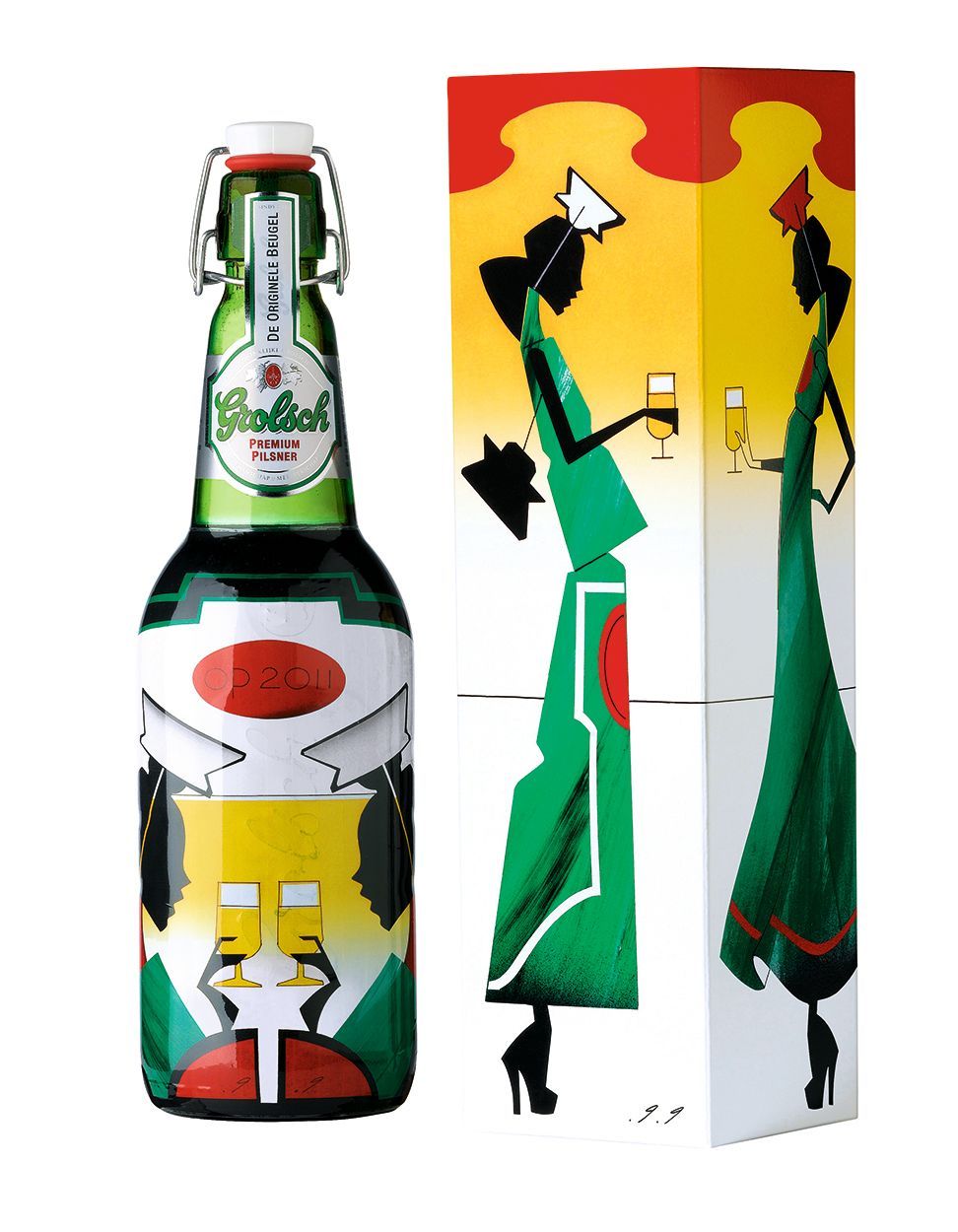Bottle of beer with decorative label, next to a box featuring stylized figures.