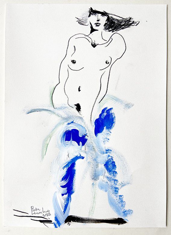 Nude figure sketch with blue and white paint skirt and dark line details.